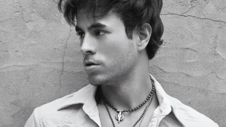 Black-and-white HD desktop wallpaper featuring music artist Enrique Iglesias in a close-up portrait against a textured wall background.