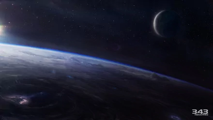 HD desktop wallpaper featuring a space scene with a planet and crescent moon, inspired by the Halo video game series, specifically Halo: Spartan Strike.