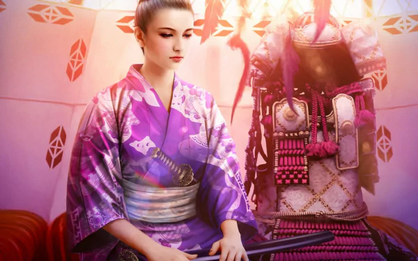 A serene figure in a purple kimono holds a katana, embodying the essence of a samurai in a vibrant fantasy setting inspired by Legend of the Five Rings.