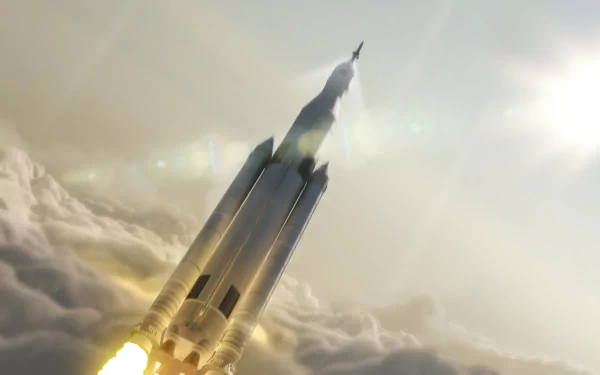 HD sci-fi themed desktop wallpaper showcasing a powerful rocket ascending through clouds with sunlight breaking through the sky.