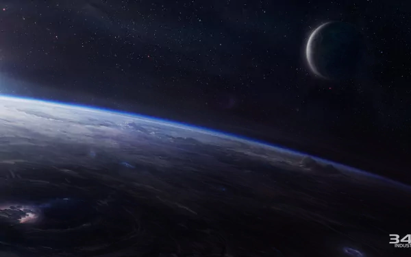 HD desktop wallpaper featuring a space scene with a planet and crescent moon, inspired by the Halo video game series, specifically Halo: Spartan Strike.