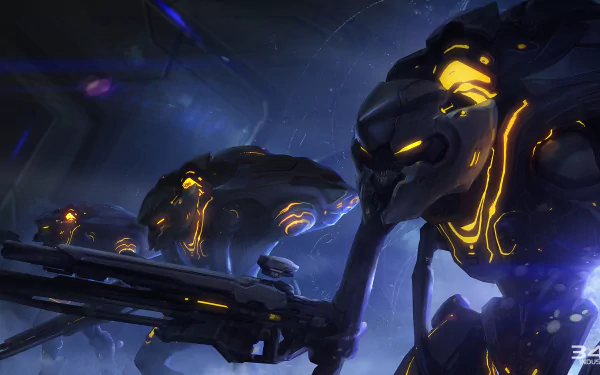 HD PC desktop wallpaper for the video game Halo: Spartan Strike showing glowing orange-lined alien soldiers with heavy weapons advancing through a blue-lit sci-fi battlefield.