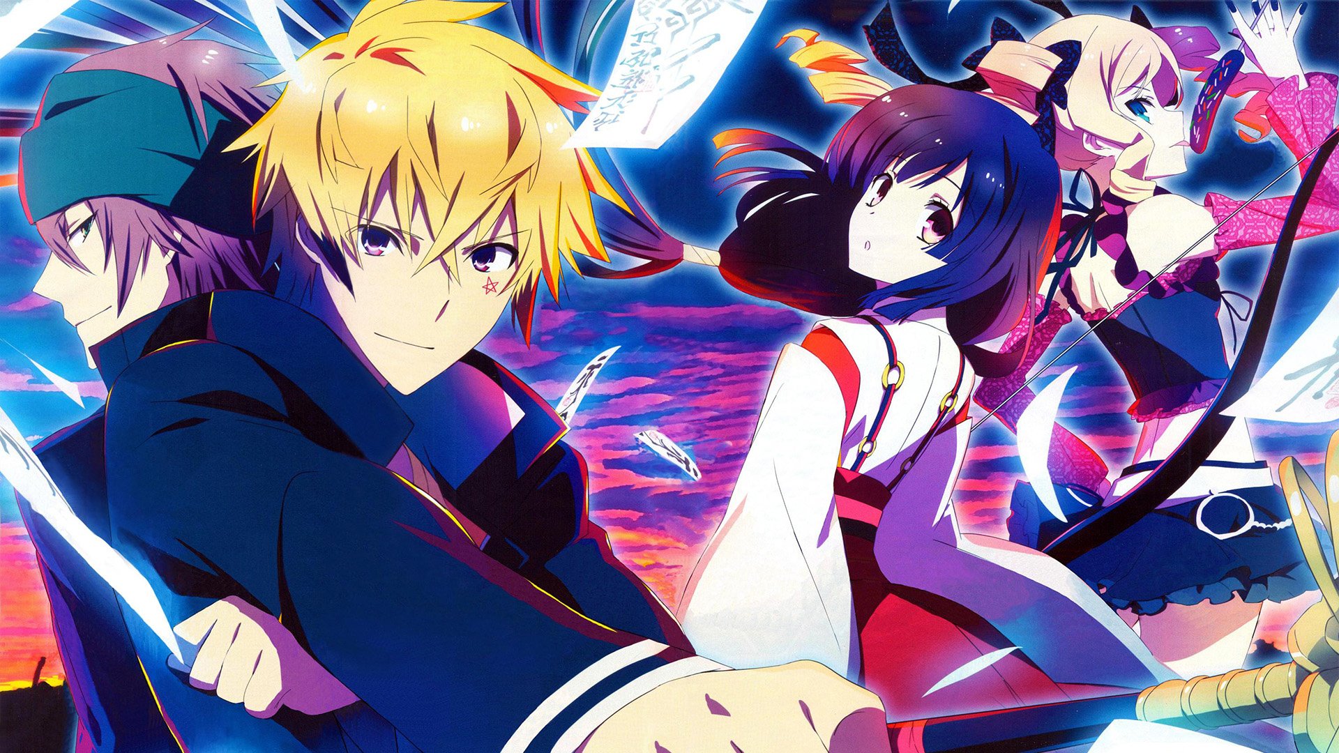 HD anime desktop wallpaper featuring vibrant characters from Tokyo Ravens in dynamic poses against a colorful, energetic background.