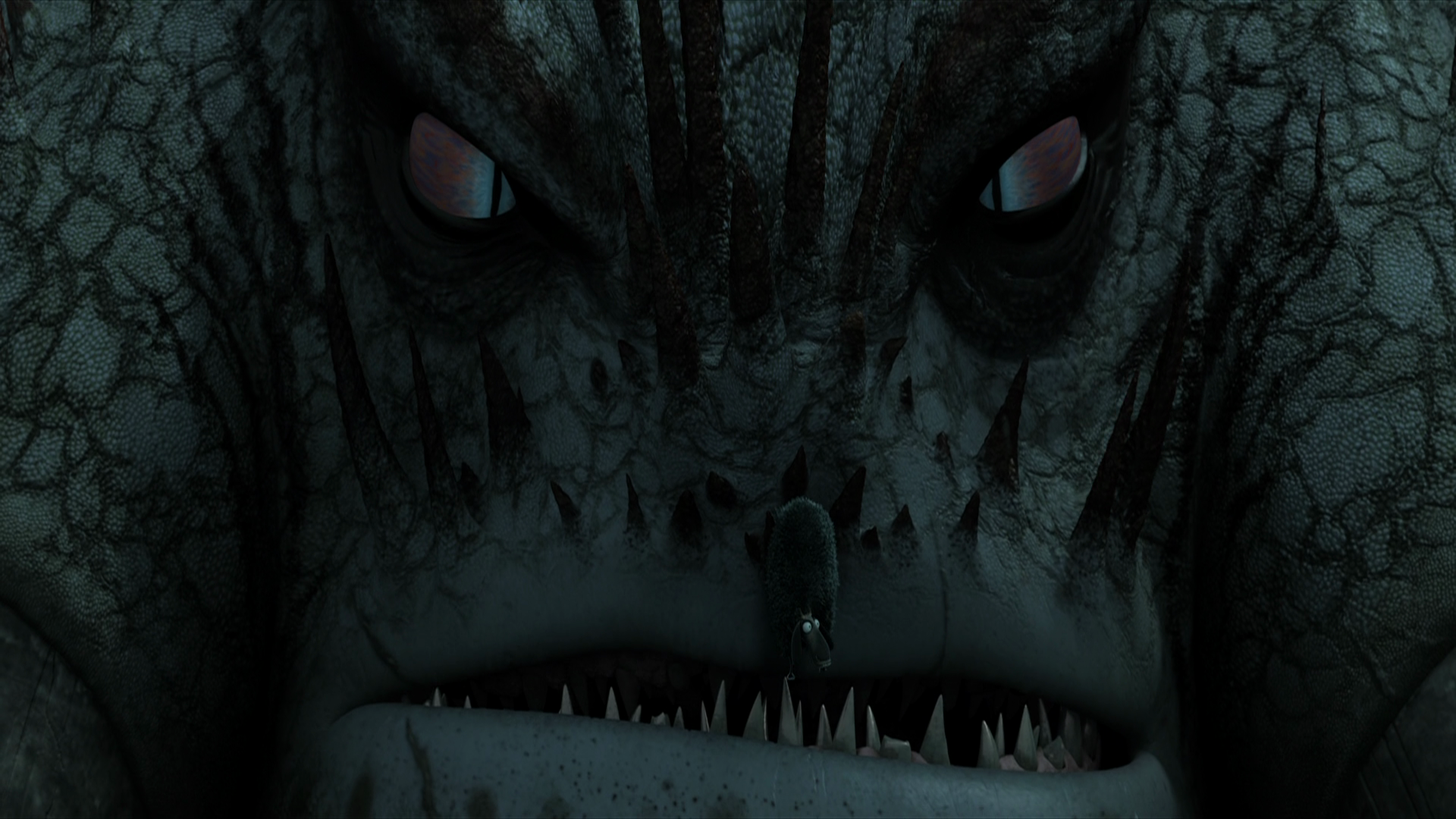 HD desktop wallpaper from the movie How to Train Your Dragon 2, featuring a close-up of a dragon's face with intense eyes and sharp teeth.