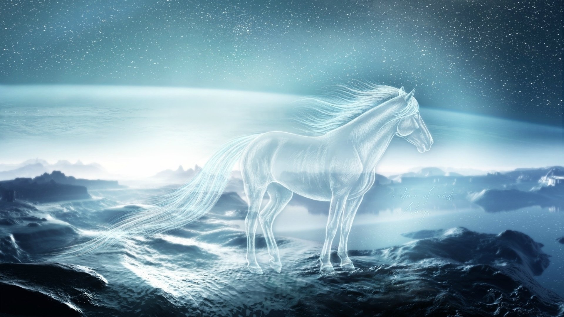 A mystical, translucent horse stands majestically against a cosmic backdrop, with shimmering stars and a surreal landscape, creating an enchanting HD desktop wallpaper.