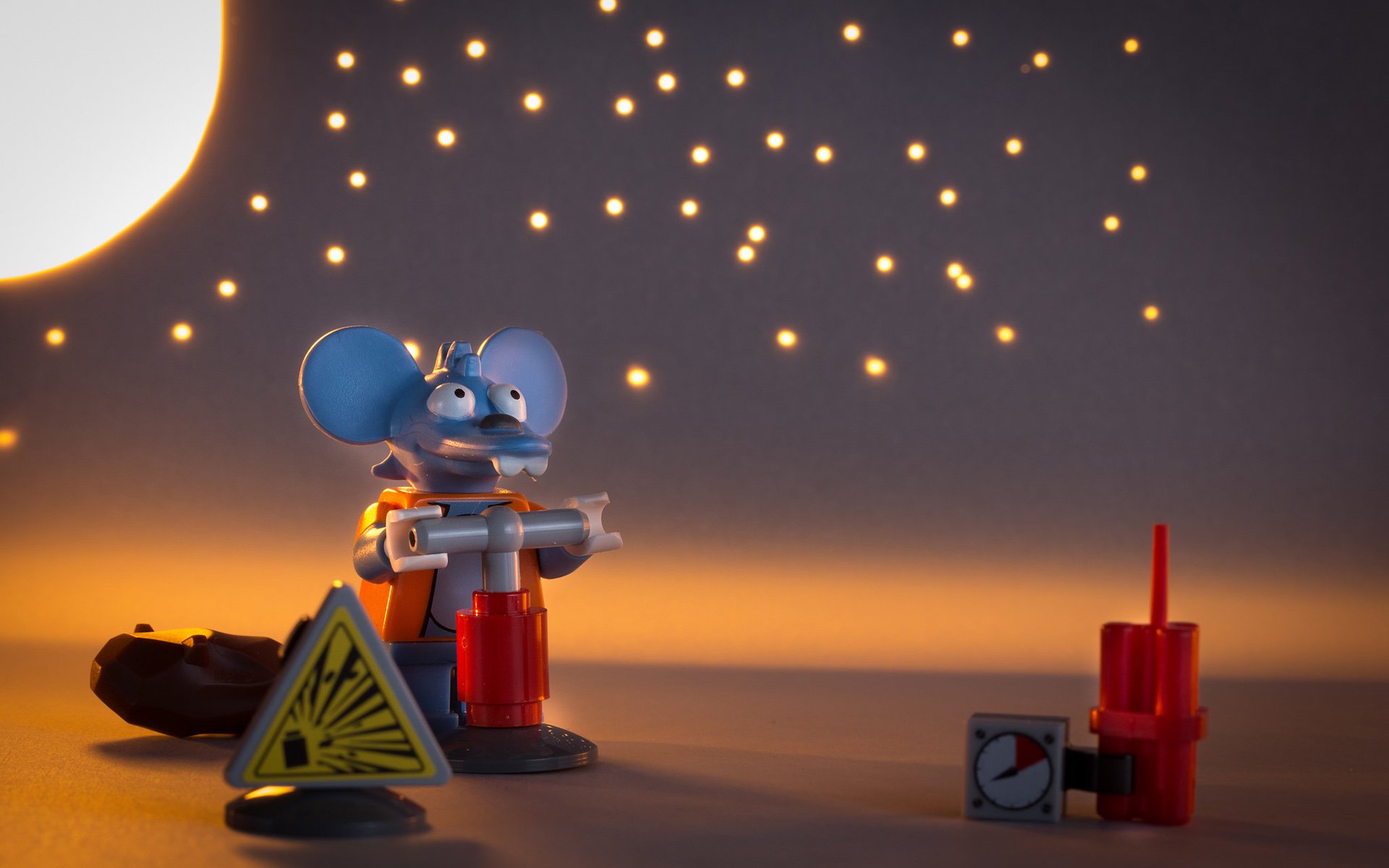 HD PC desktop wallpaper and background: man-made Lego scene of a blue mouse minifigure holding a tool beside a caution sign and red bricks beneath a crescent moon and scattered star lights.