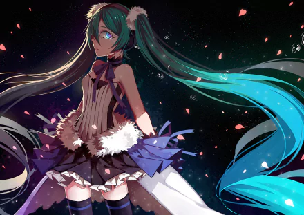 HD anime desktop wallpaper featuring Hatsune Miku from Vocaloid with long teal twin-tails, wearing a detailed outfit with fur accents, set against a dark, glowing background.