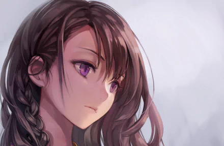 A high-definition anime-inspired wallpaper featuring a young girl with a braided hairstyle, gazing thoughtfully with striking purple eyes against a soft background.