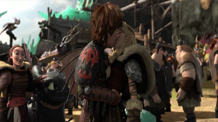 HD desktop wallpaper featuring Toothless, Valka, and Hiccup from How to Train Your Dragon 2, showing a touching moment in a lively village scene.