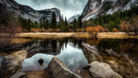 HD PC desktop wallpaper: mountain valley with pine forest and autumn shrubs mirrored in a glassy lake, rocks in foreground — nature reflection.