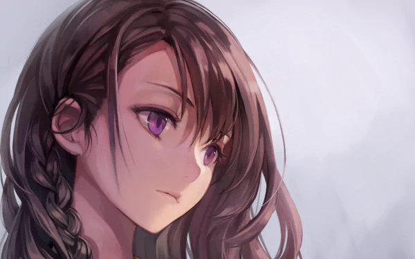 A high-definition anime-inspired wallpaper featuring a young girl with a braided hairstyle, gazing thoughtfully with striking purple eyes against a soft background.