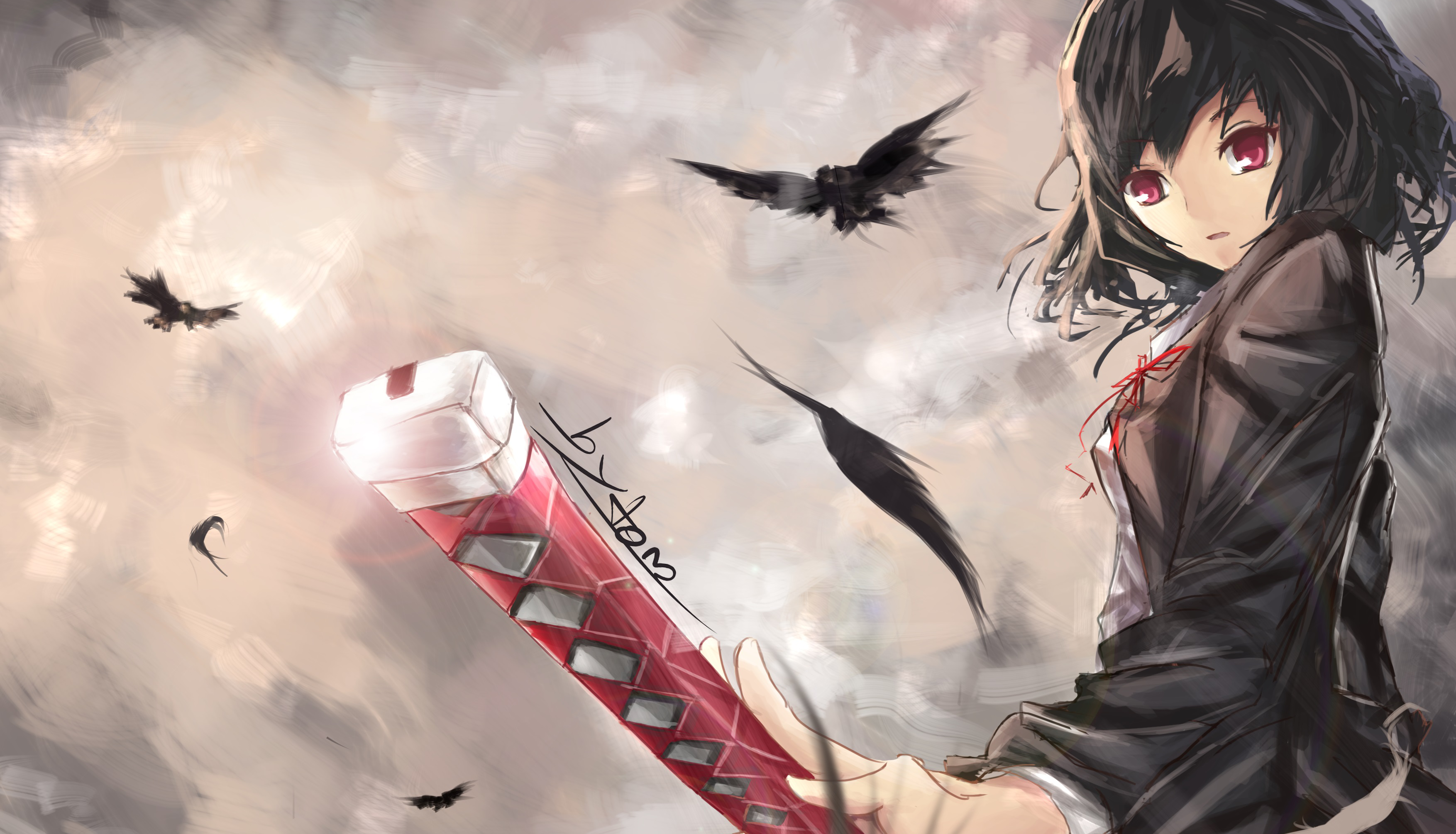 Anime warrior holding a katana, surrounded by crows on a painterly background, designed as a high-definition desktop wallpaper.