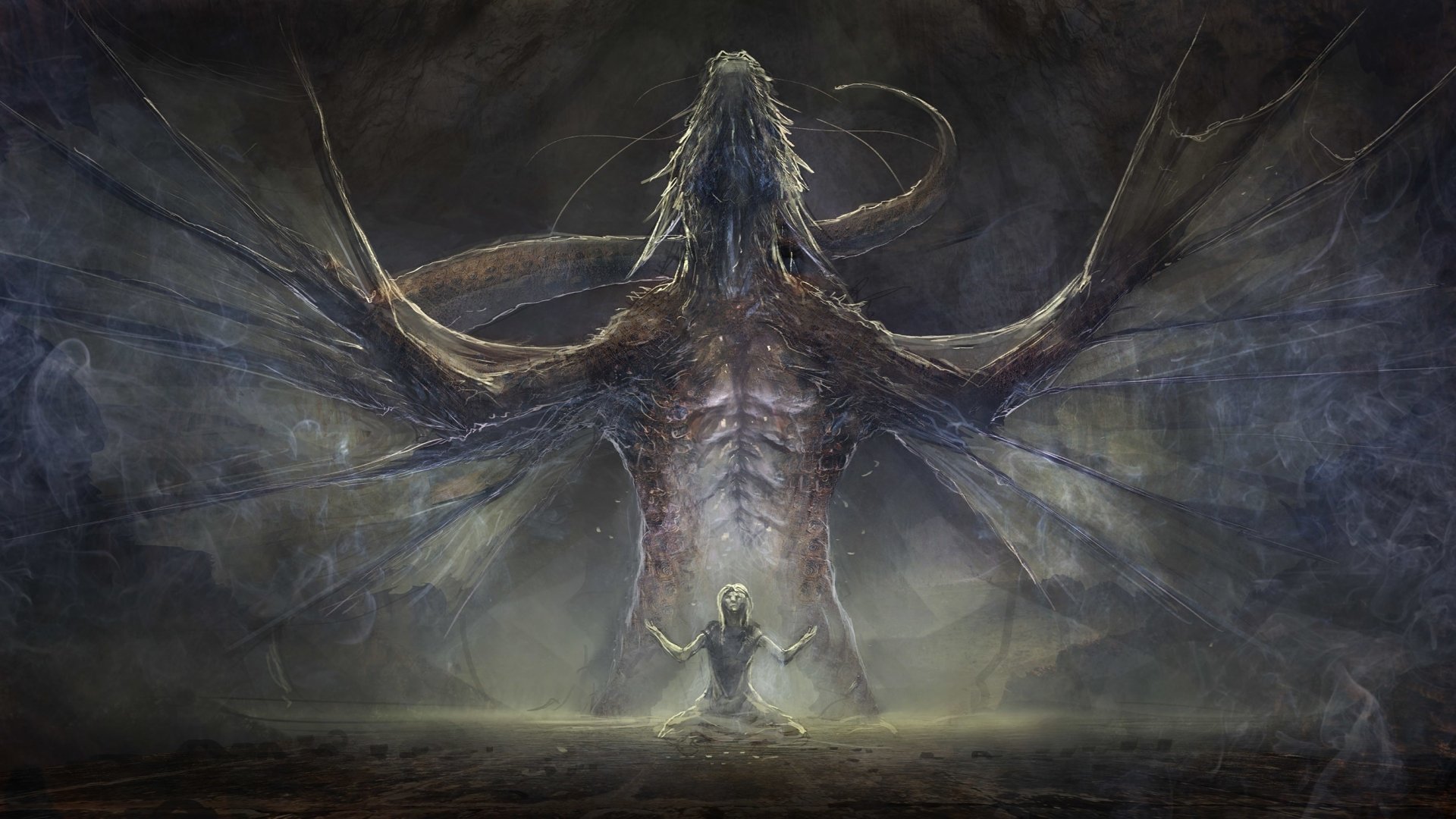 HD fantasy PC desktop wallpaper depicting a massive dragon towering over a kneeling figure in a dark, misty environment.