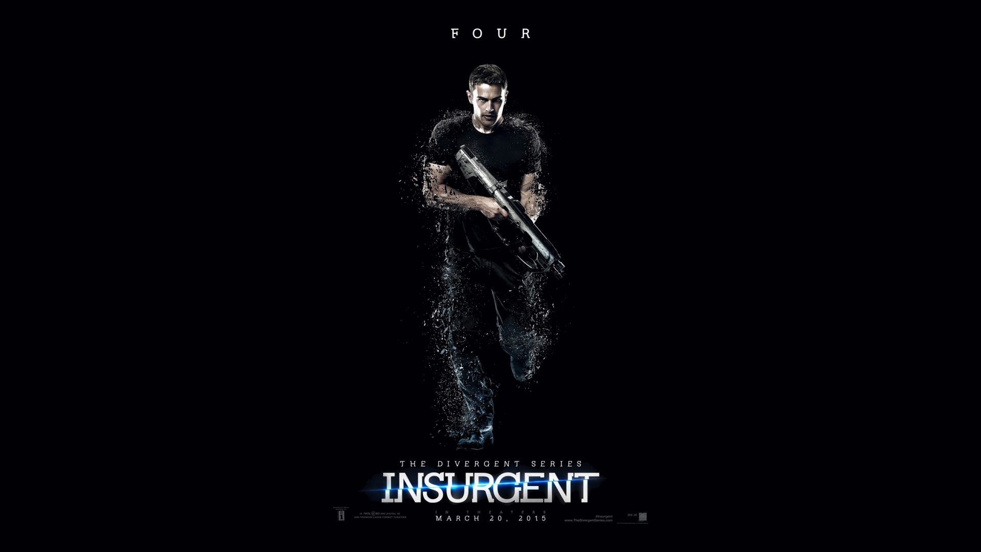 HD PC desktop wallpaper featuring a dark, intense image of Four from the movie Insurgent, holding a weapon against a black background.