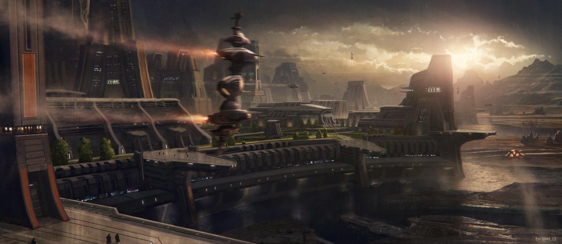 HD PC desktop wallpaper showcasing a detailed futuristic cityscape from the video game Star Citizen, featuring advanced architecture under a dramatic sky.