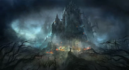 A dark fantasy city with a towering fortress engulfed in fiery glows, surrounded by eerie mist and barren trees, designed as an HD PC desktop wallpaper.