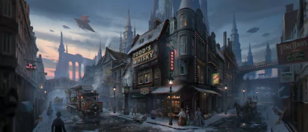 A fantasy city street scene featuring intricate buildings, a vintage tram, and figures in period clothing, set against a dramatic sky and towering structures.