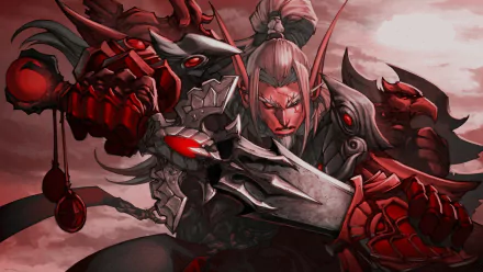 HD World of Warcraft PC desktop wallpaper featuring a fierce, red-themed warrior in detailed armor poised for battle.