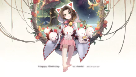 HD wallpaper featuring Aerith Gainsborough from Final Fantasy VII, surrounded by adorable Moogles, celebrating a birthday with a whimsical backdrop.