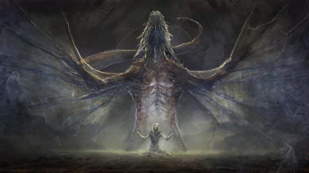 HD fantasy PC desktop wallpaper depicting a massive dragon towering over a kneeling figure in a dark, misty environment.
