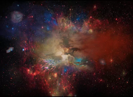 Vivid HD PC desktop wallpaper featuring a colorful nebula and galaxy cluster in deep space, evoking a dynamic sci-fi atmosphere.