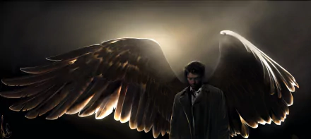 A high-definition desktop wallpaper featuring Castiel from the TV show Supernatural, portrayed by Misha Collins, standing with large, glowing angel wings against a dark, dramatic background.