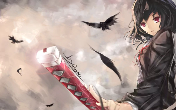 Anime warrior holding a katana, surrounded by crows on a painterly background, designed as a high-definition desktop wallpaper.