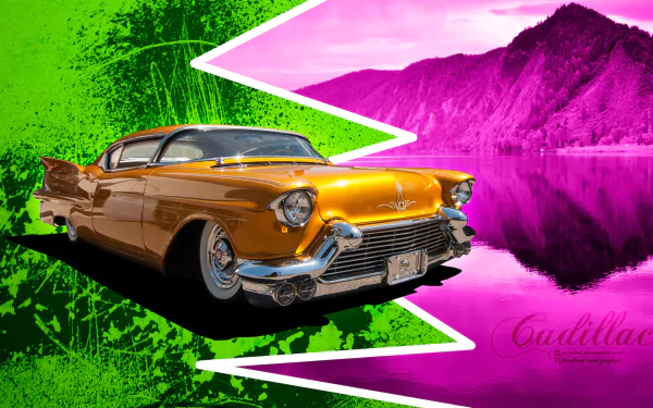 HD desktop wallpaper featuring a vibrant Eldorado Cadillac vehicle in front of a stylized pink and purple landscape, highlighting the classic Cadillac Ciel design.