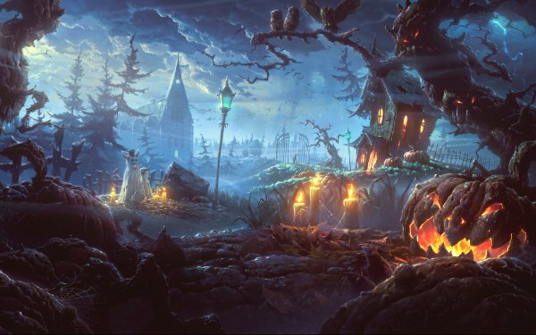 Día festivo Halloween Aldea Noche Terrorífico Jack-O'-Lantern Fondo de pantalla HD | Fondo de Escritorio