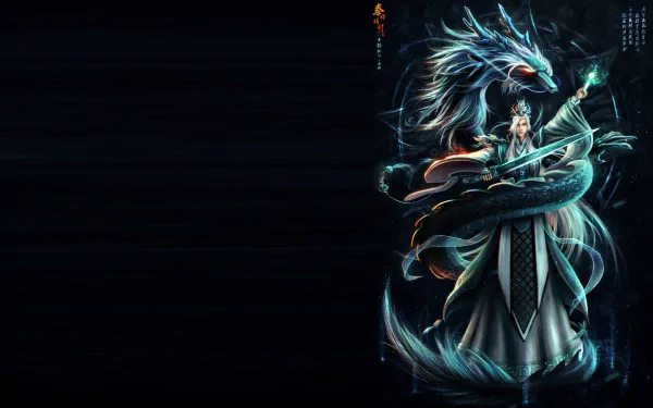 HD fantasy wallpaper featuring a warrior wielding a sword, entwined by a glowing dragon, set against a dark background for a striking PC desktop display.