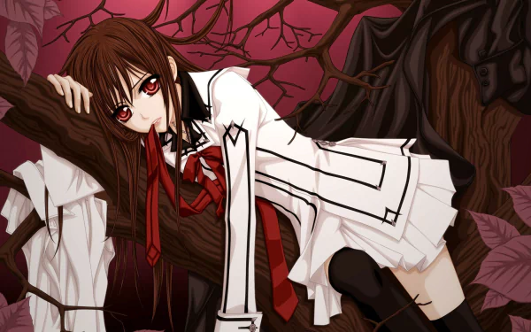 Yuki Kuran from Vampire Knight leans against a tree with crimson leaves in this HD anime desktop wallpaper, showcasing her signature red eyes and white school uniform.