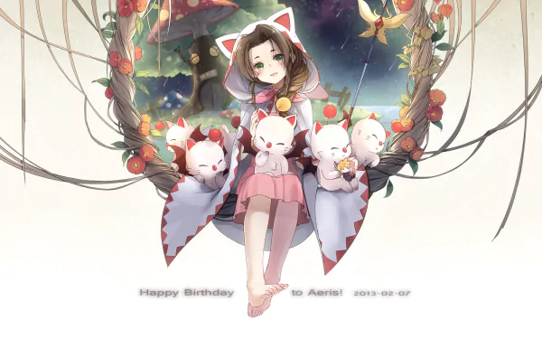 HD wallpaper featuring Aerith Gainsborough from Final Fantasy VII, surrounded by adorable Moogles, celebrating a birthday with a whimsical backdrop.