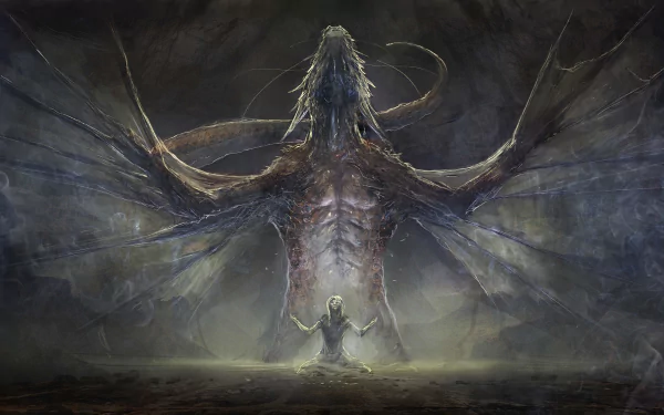 HD fantasy PC desktop wallpaper depicting a massive dragon towering over a kneeling figure in a dark, misty environment.