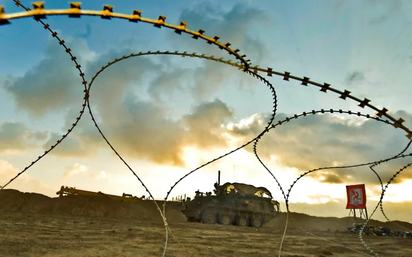 Razor and barbed wire coils frame a desert sunset as an M1126 Infantry Carrier Vehicle (armored combat tank/vehicle) sits silhouetted — HD military desktop wallpaper.