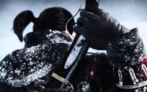 A detailed HD wallpaper featuring a character from the video game Assassin's Creed: Rogue, holding a weapon in a snowy setting, emphasizing action and adventure.