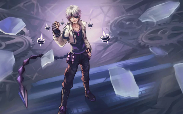 An HD PC desktop wallpaper featuring a character from the video game Elsword, surrounded by swirling gears and shattered glass, exuding a sense of mystique and power.