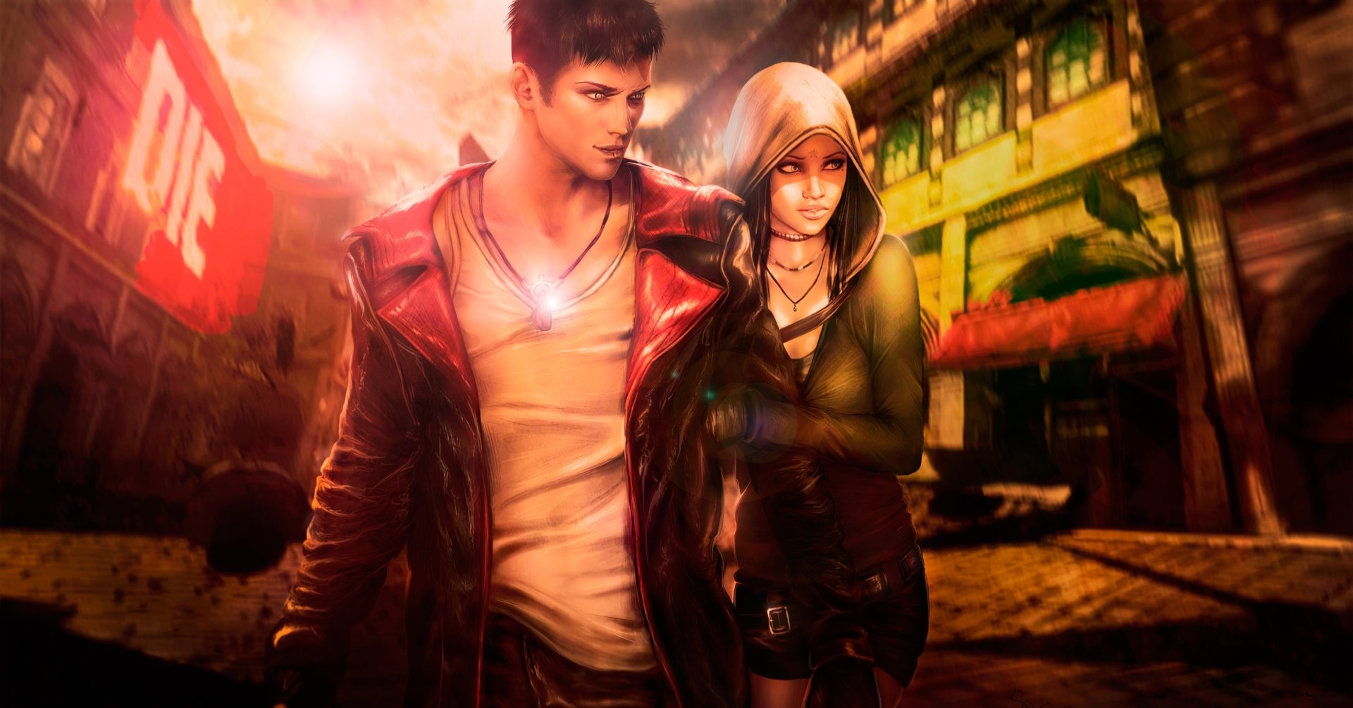 8K Ultra HD PC desktop wallpaper featuring characters from the video game DmC: Devil May Cry in a vibrant, urban nighttime setting.