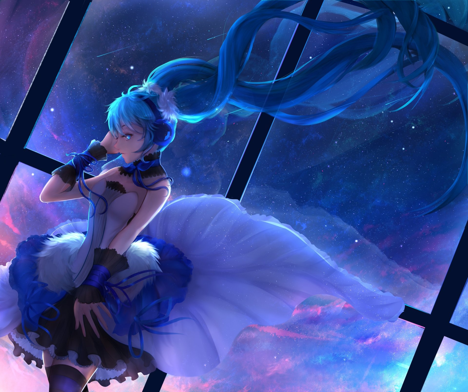 HD desktop wallpaper featuring Hatsune Miku in an elegant dress, set in an anime-style background with a space-like atmosphere and vibrant colors.