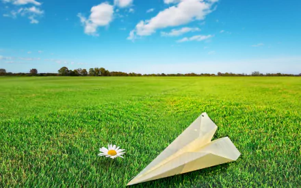 HD PC desktop wallpaper/background: landscape photography of a paper plane on vivid green grass with a daisy under a bright blue sky.