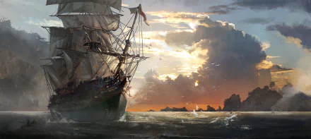 HD desktop wallpaper from the video game Assassin's Creed IV: Black Flag featuring a pirate ship sailing near islands at sunset.