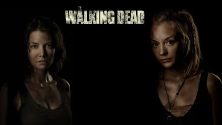 HD desktop wallpaper from The Walking Dead featuring intense portraits of two female characters with the show's logo in the center.