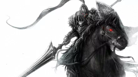 HD desktop wallpaper featuring a monochromatic fantasy warrior on a horse, wielding a spear, with striking red eyes, set against a white background.
