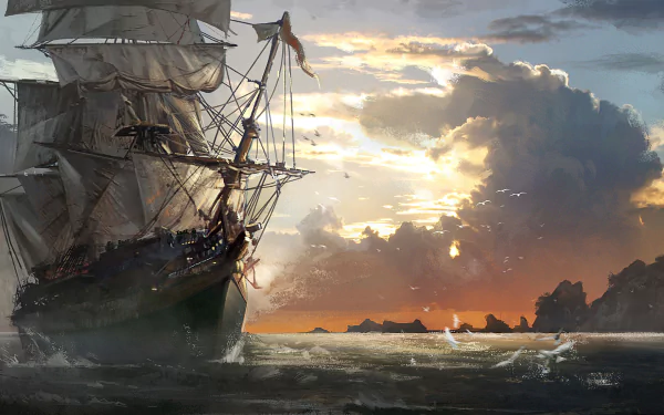 HD desktop wallpaper from the video game Assassin's Creed IV: Black Flag featuring a pirate ship sailing near islands at sunset.