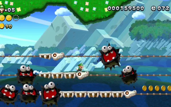 HD desktop wallpaper featuring Luigi navigating a level with bridges and Fuzzy enemies in 'New Super Luigi U'.