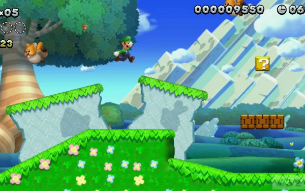 HD desktop wallpaper featuring a scene from New Super Luigi U with Luigi mid-jump and a squirrel enemy on a vibrant, grassy platform level.