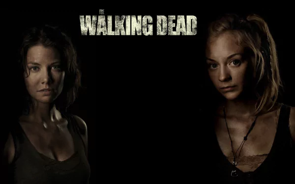HD desktop wallpaper from The Walking Dead featuring intense portraits of two female characters with the show's logo in the center.