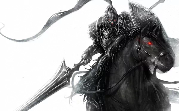 HD desktop wallpaper featuring a monochromatic fantasy warrior on a horse, wielding a spear, with striking red eyes, set against a white background.
