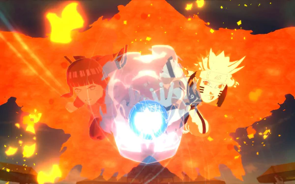 A dynamic HD wallpaper featuring Hinata Hyuga and Naruto from the video game Naruto Shippuden: Ultimate Ninja Storm Revolution, set against a fiery backdrop.