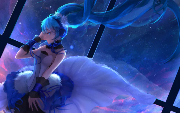 HD desktop wallpaper featuring Hatsune Miku in an elegant dress, set in an anime-style background with a space-like atmosphere and vibrant colors.