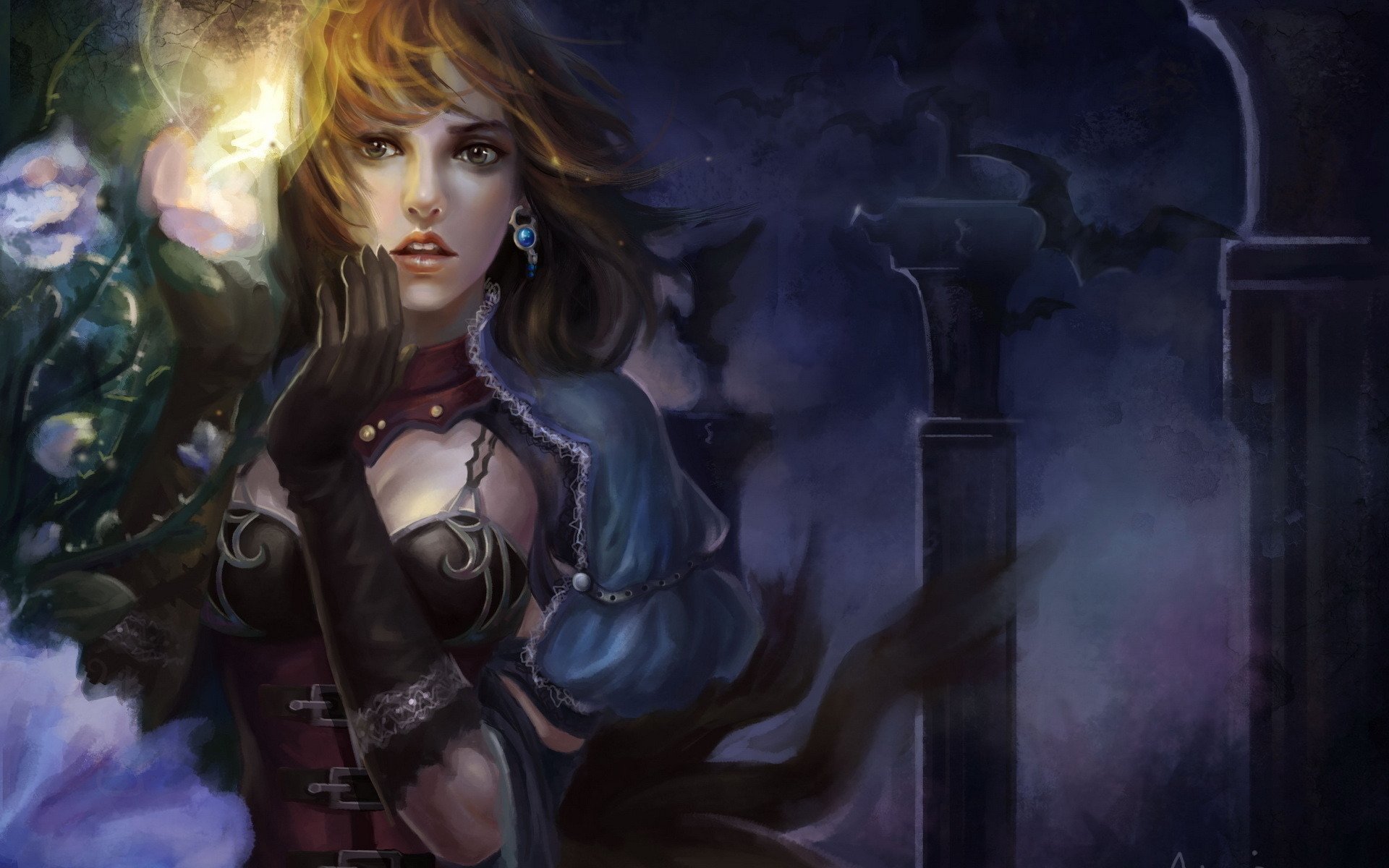 HD fantasy-themed desktop wallpaper featuring a woman with flowing hair and mystical attire in a shadowy, enchanted setting.